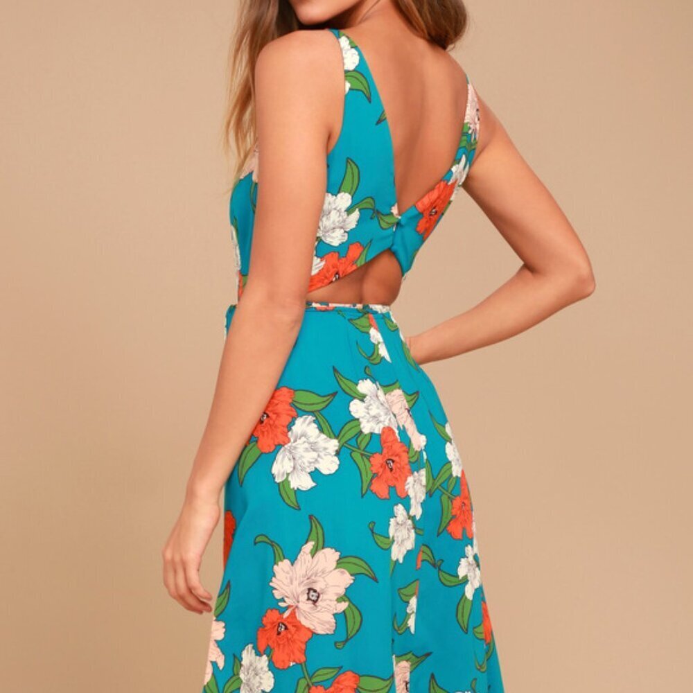 Lulus Country Club Teal Blue Floral Print Wrap Midi Dress Size S NWT - Picture 5 of 15